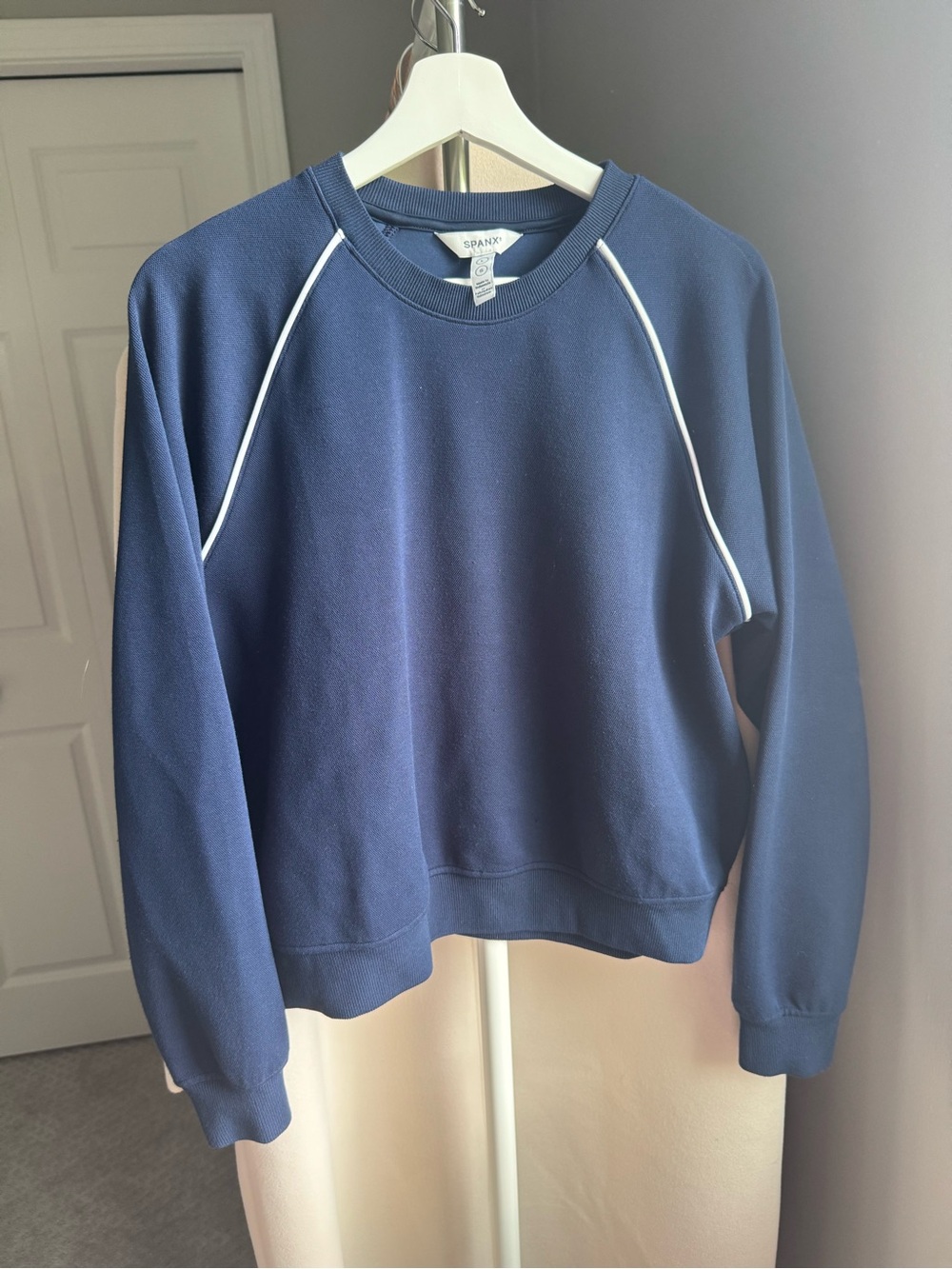 SPANX Navy Blue Crewneck Sweatshirt with White Piping